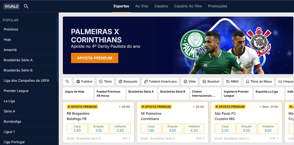 Homepage da Rivalo Brasil, uma das casas com apostas com dinheiro virtual
